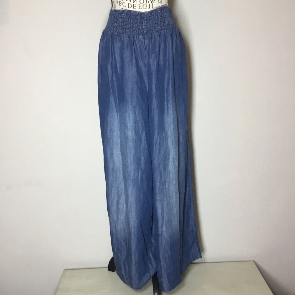 Blue denim wide floaty pants culottes smocked waist 28” - 36” boho hippie L